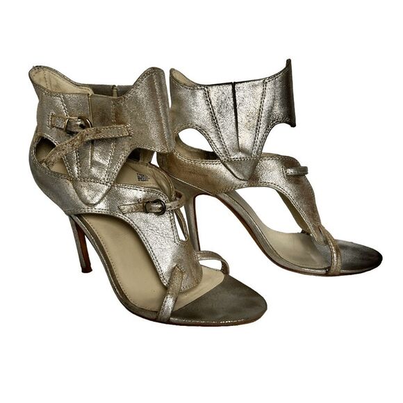 Saks Fifth Avenue Heels Stiletto Heels Open Toe Ankle Strap Buckle Leather Metal - Picture 4 of 4